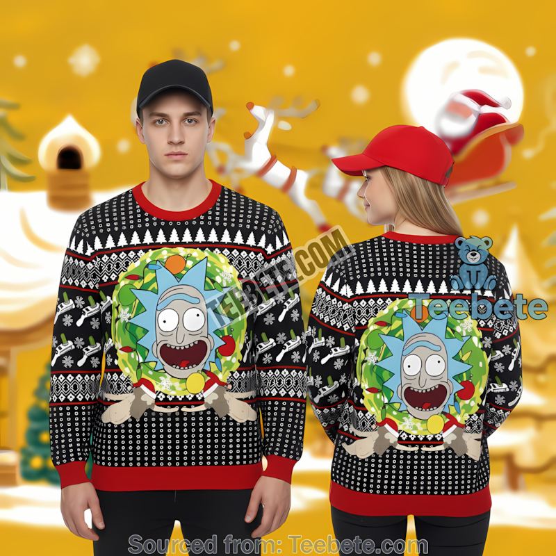 Rick And Morty Christmas Wreath Ugly Christmas Sweater Black Mens Rick And Morty Christmas Wreath Ugly Christmas Sweater Black Mens