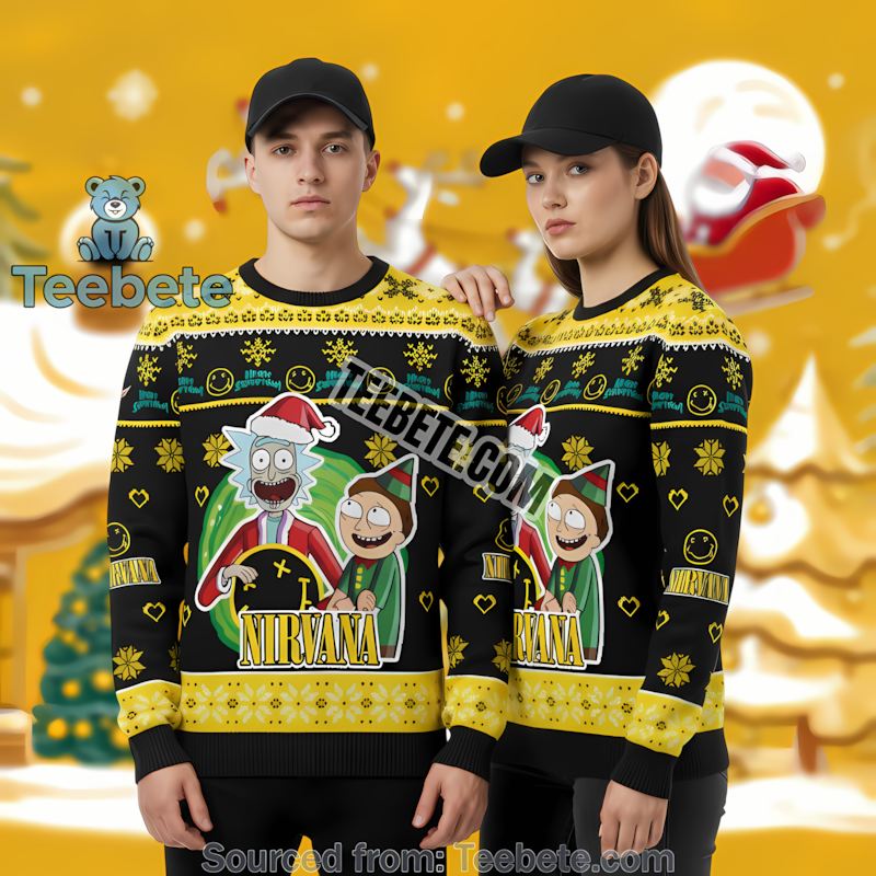 Rick And Morty Nirvana Holiday Knit Ugly Christmas Sweater Yellow Mens Rick And Morty Nirvana Holiday Knit Ugly Christmas Sweater Yellow Mens