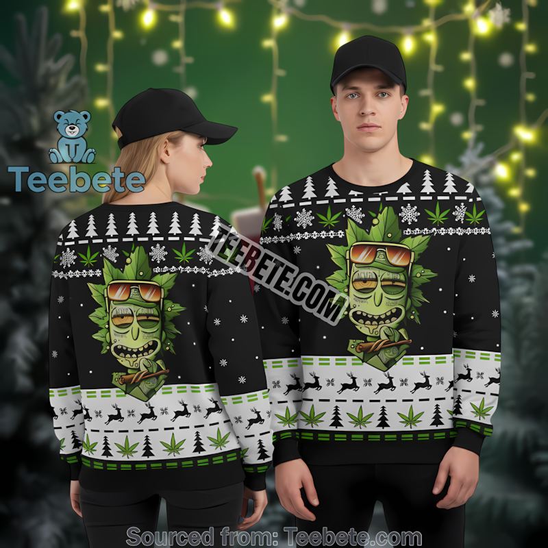 Rick And Morty Weed Leaf Ugly Christmas Sweater Green Family