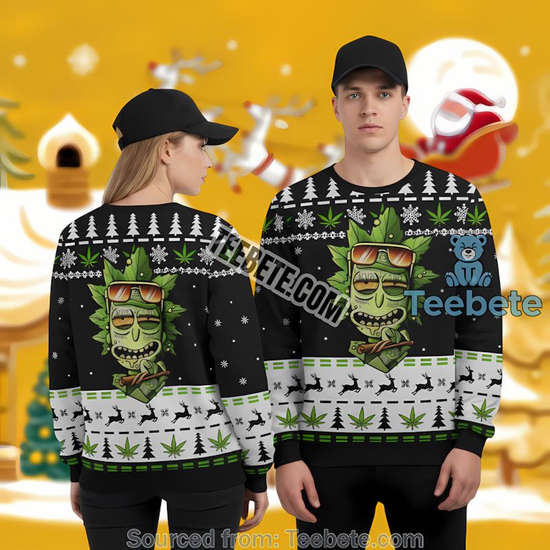 Rick And Morty Weed Leaf Ugly Christmas Sweater Green Family Rick And Morty Weed Leaf Ugly Christmas Sweater Green Family