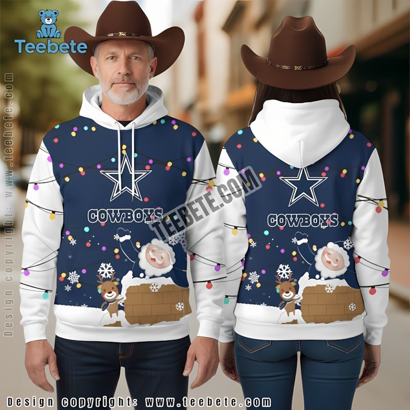 Dallas Cowboys Santa Claus Reindeer Christmas 3D Hoodie Zipper Blue White