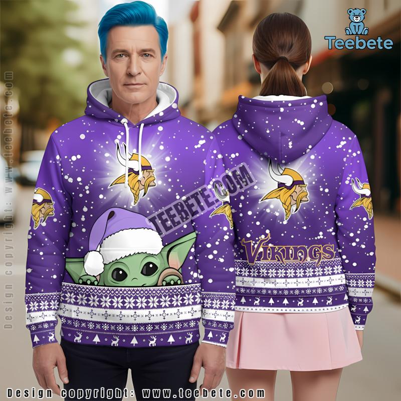 Santa Grogu Minnesota Vikings 3D Hoodie Graphic Purple Mens