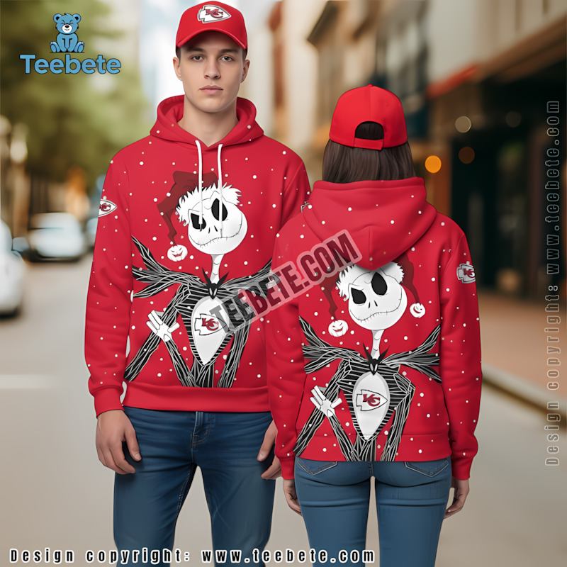Kansas City Chiefs Santa Jack Skellington Christmas 3D Hoodie Red Puff Print