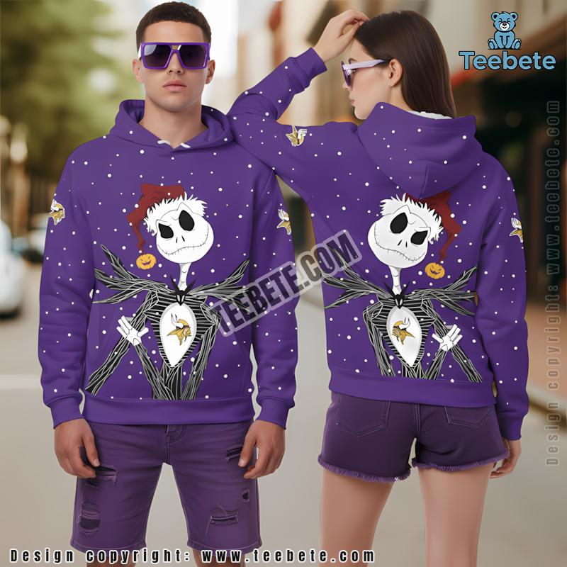 Santa Jack Skellington Minnesota Vikings 3D Hoodie Graphic Purple