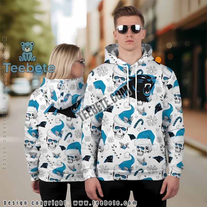 Carolina Panthers Santa Skull Candy 3D Hoodie Puff Print White Blue