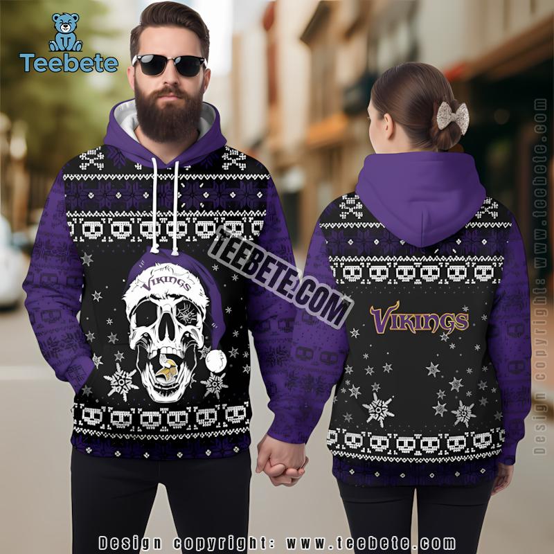 Santa Skull Minnesota Vikings 3D Hoodie Print Purple Black