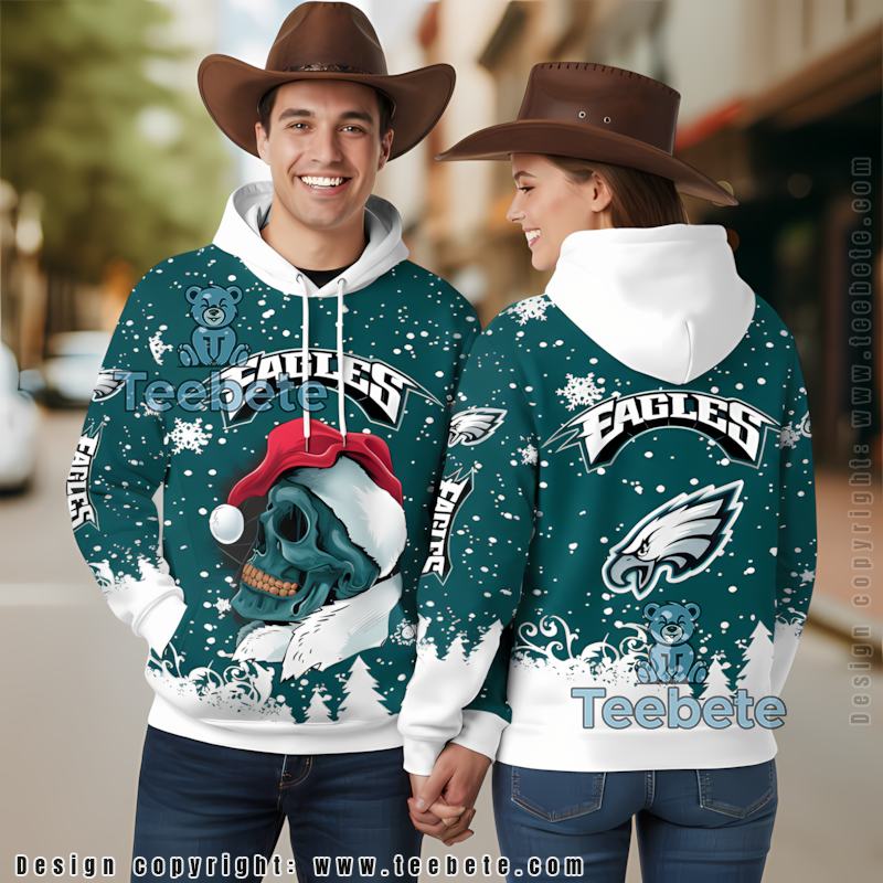 Philadelphia Eagles Santa Skull 3D Hoodie White Blue