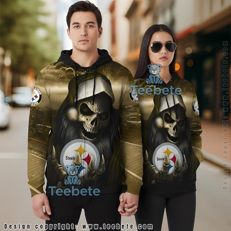 Pittsburgh Steelers Santa Skull 3D Hoodie Black Yellow Graphic