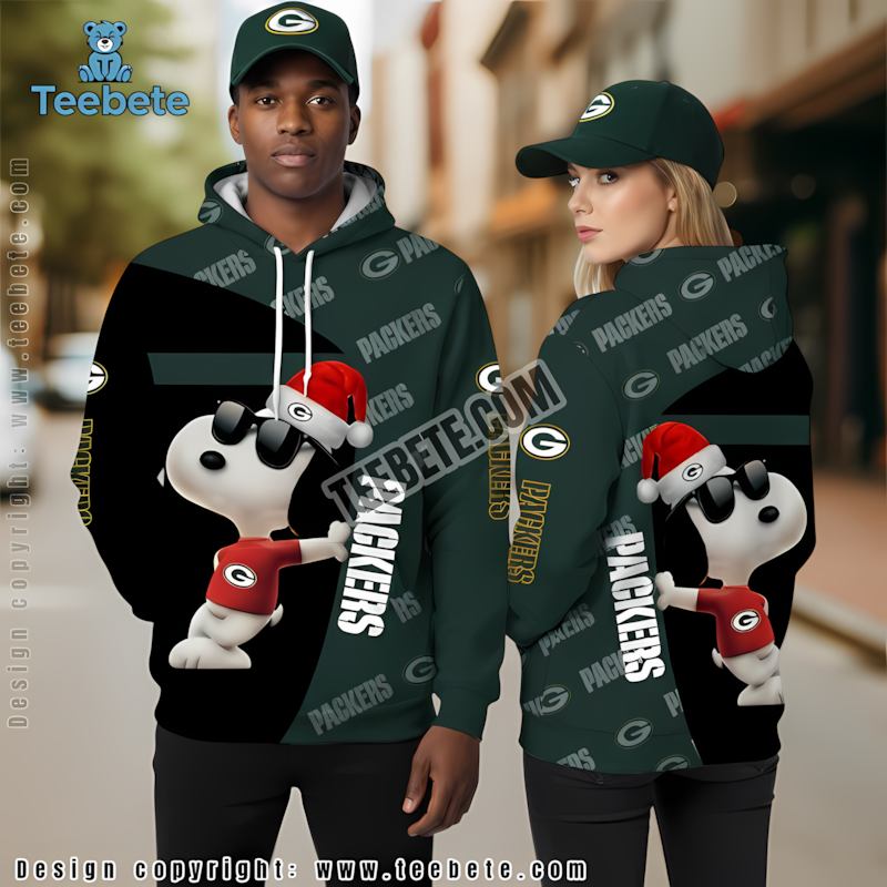 Green Bay Packers Santa Snoopy Christmas 3D Hoodie Black Green Mens