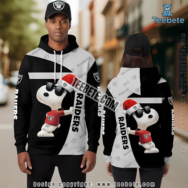 Las Vegas Raiders Santa Snoopy Christmas 3D Hoodie Grey Black Puff Print