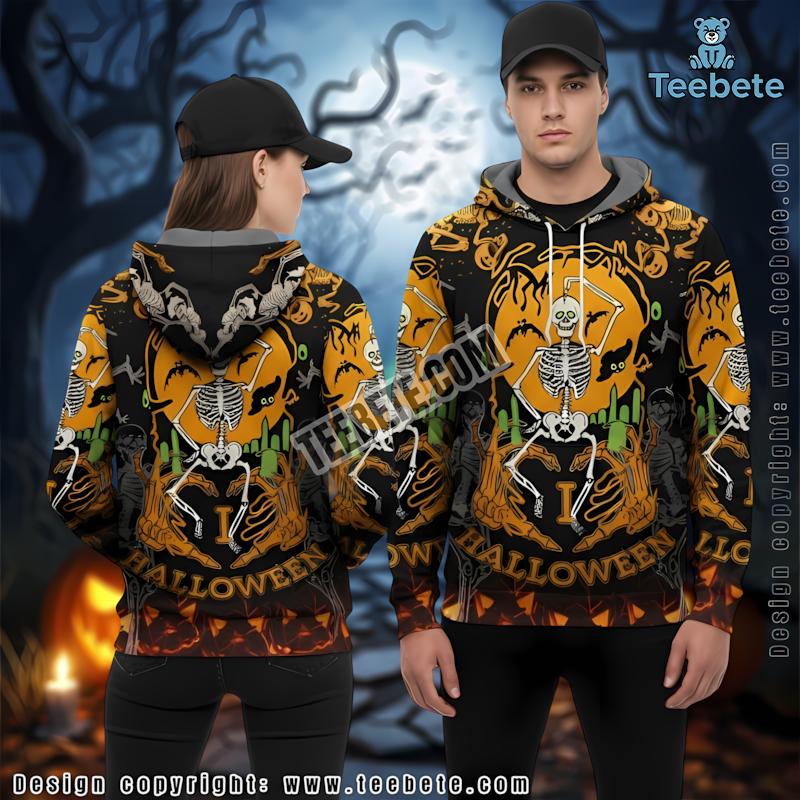 Halloween Skeleton Dancing Under The Moon Yellow 3D Graphic Hoodie