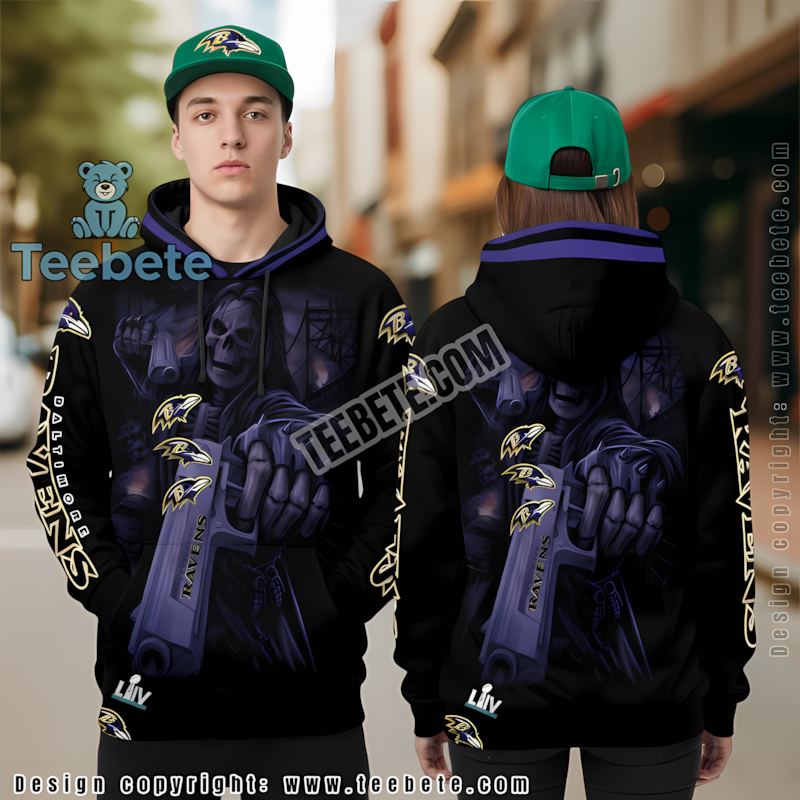Baltimore Ravens Skull 3D Hoodie Unisex Blue Black