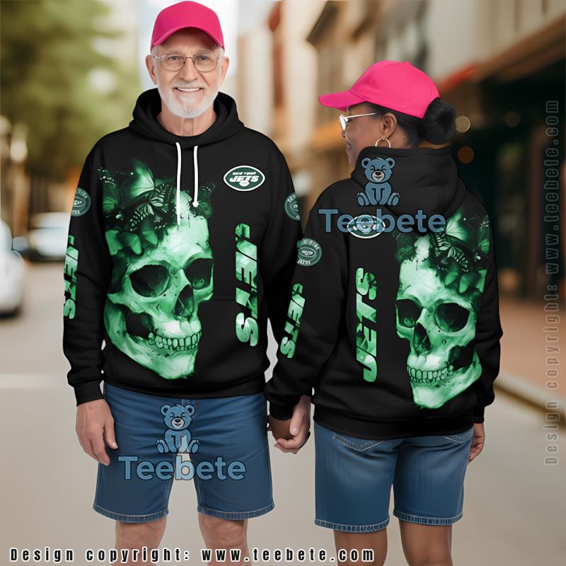 New York Jets Skull Butterflies 3D Hoodie Black Green Mens