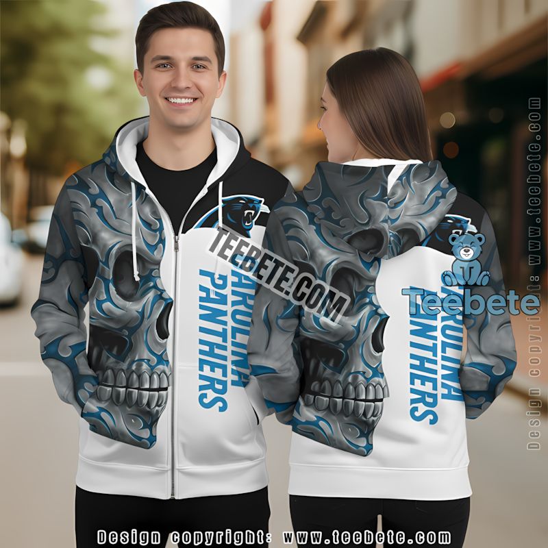 Carolina Panthers Skull 3D Hoodie Mens White Black
