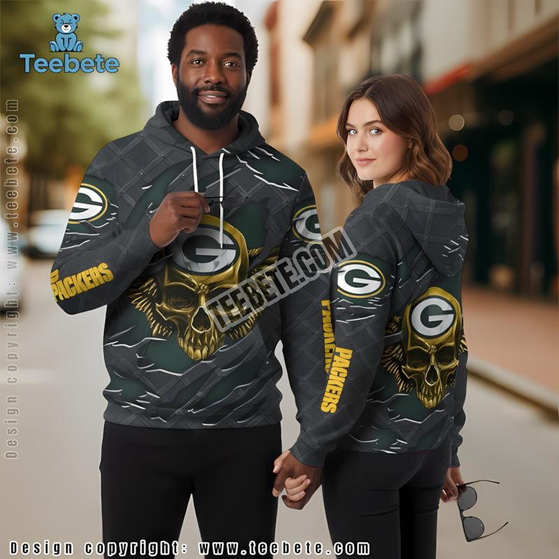 Green Bay Packers Skull Crack 3D Hoodie Puff Print Black