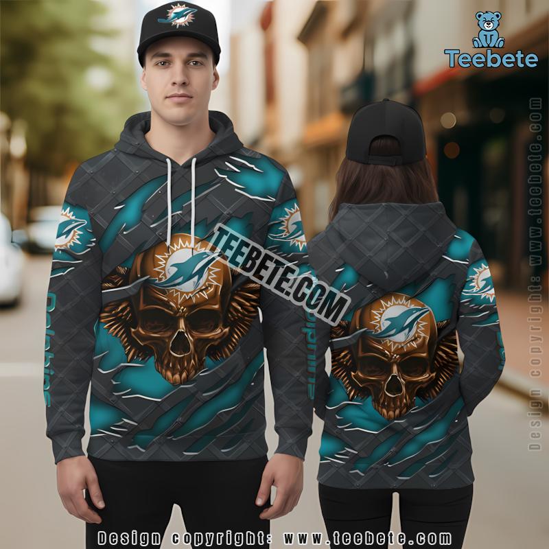 Miami Dolphins Skull Crack 3D Hoodie Black Blue Puff Print