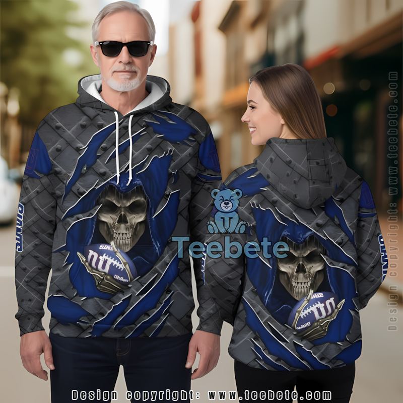 New York Giants Skull Cracked 3D Hoodie Grey Blue Unisex