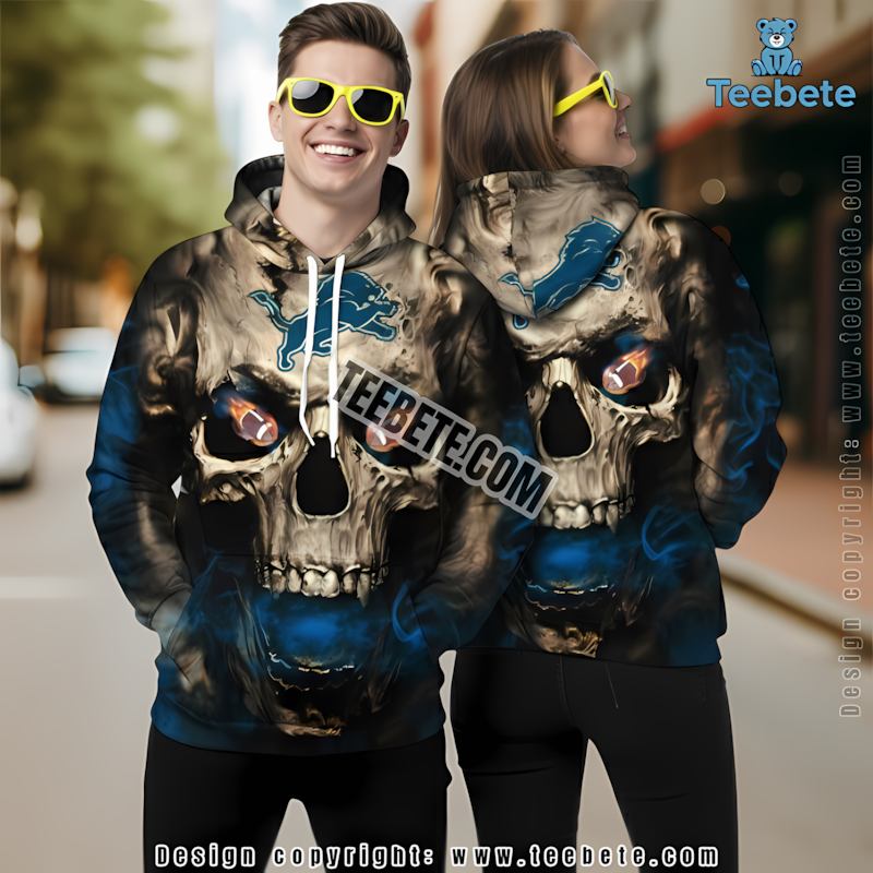 Detroit Lions Skull 3D Hoodie Blue Brown Puff Print