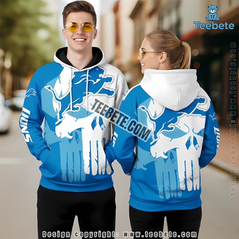 Detroit Lions Skull 3D Hoodie Blue White Men