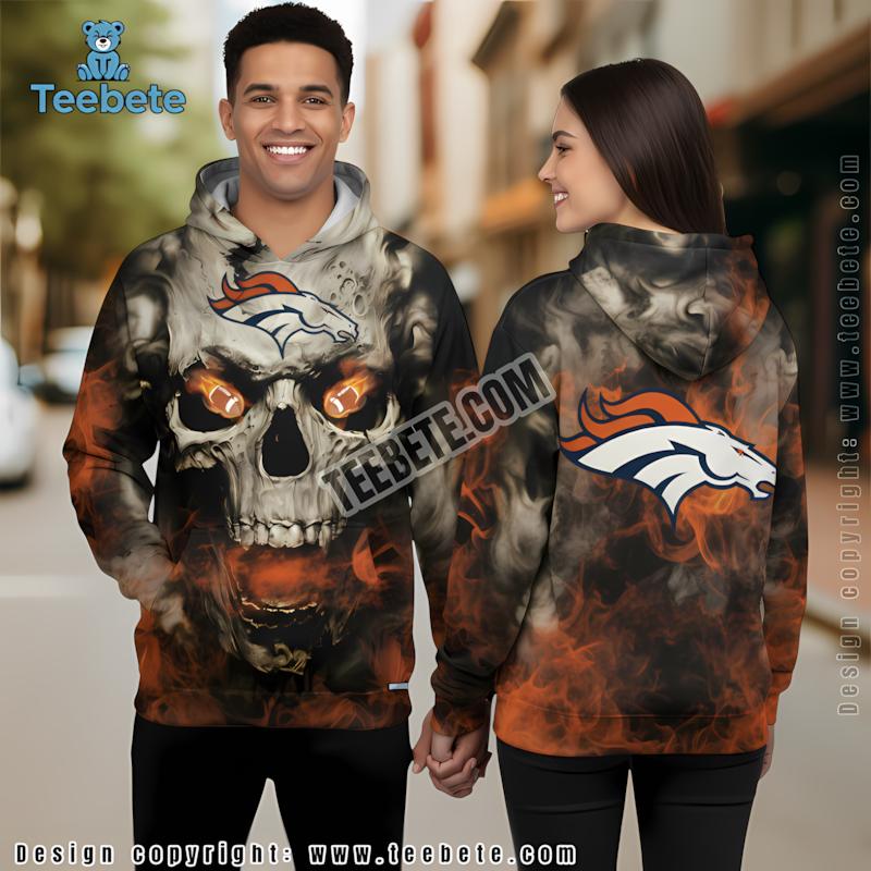 Denver Broncos Skull Fire Horror 3D Hoodie Grey Mens