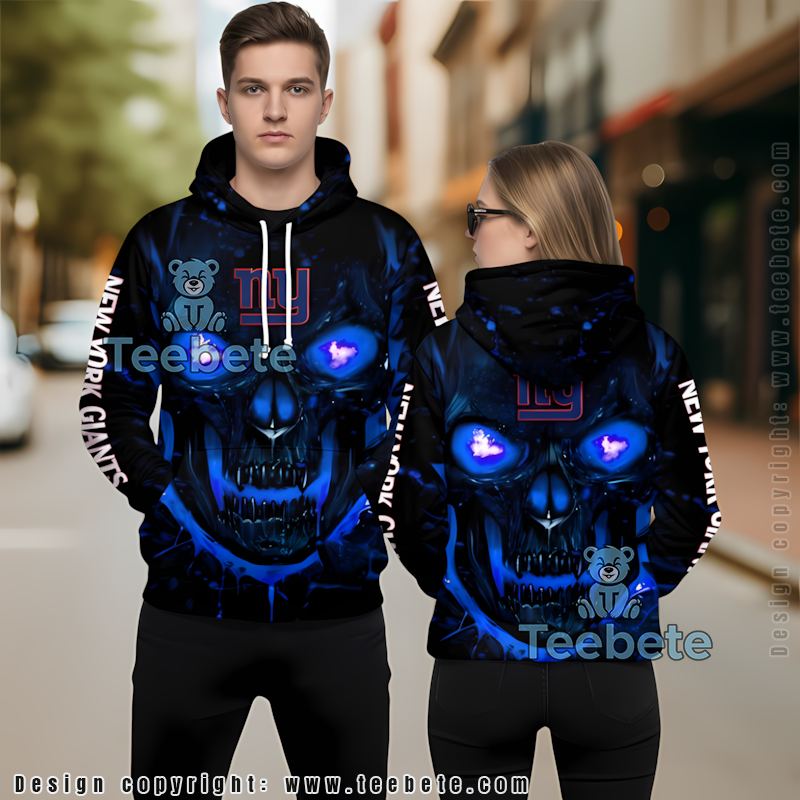 New York Giants Skull Fire 3D Hoodie Black Blue Mens