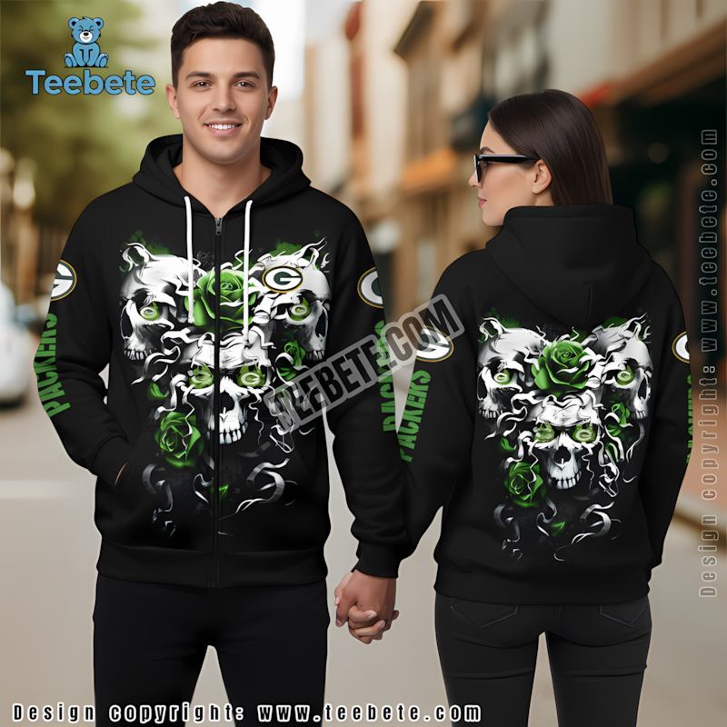 Green Bay Packers Skull Flower 3D Hoodie Black Green Print