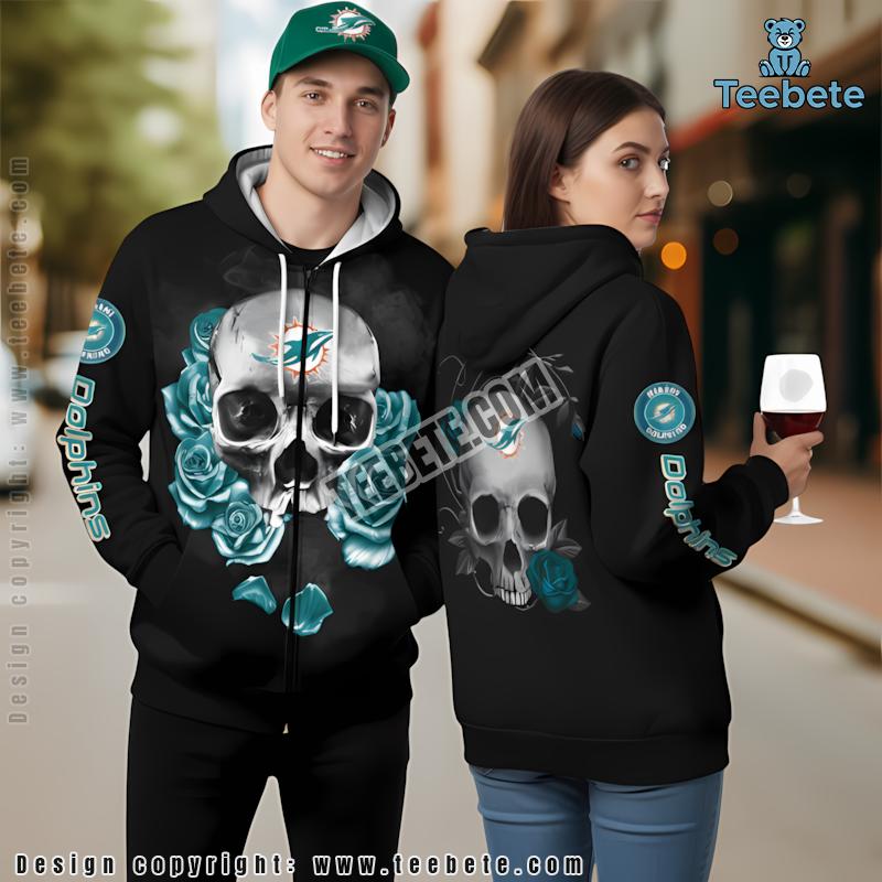 Miami Dolphins Skull Flower Halloween 3D Hoodie Blue Black Mens