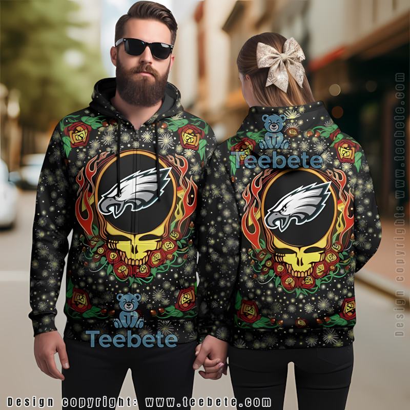 Philadelphia Eagles Skull Flower 3D Hoodie Black Unisex