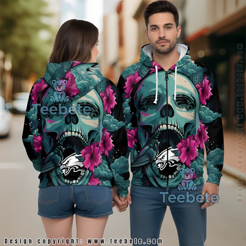 Philadelphia Eagles Skull Floral 3D Hoodie Black Blue