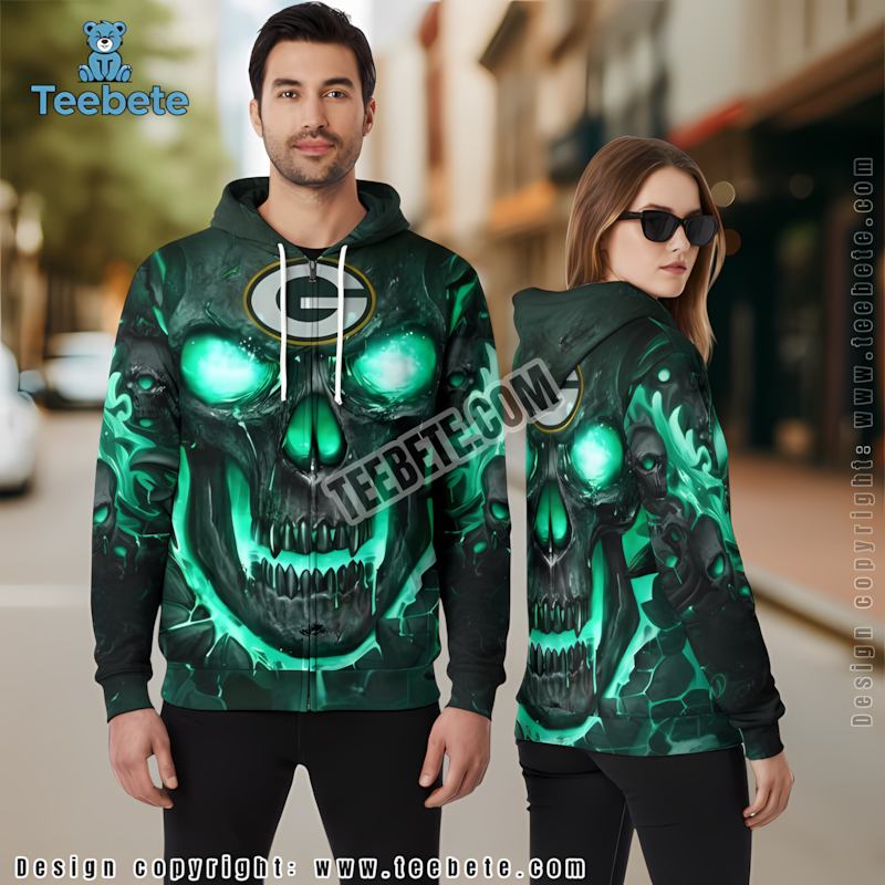 Green Bay Packers Skull 3D Hoodie Zipper Black Green