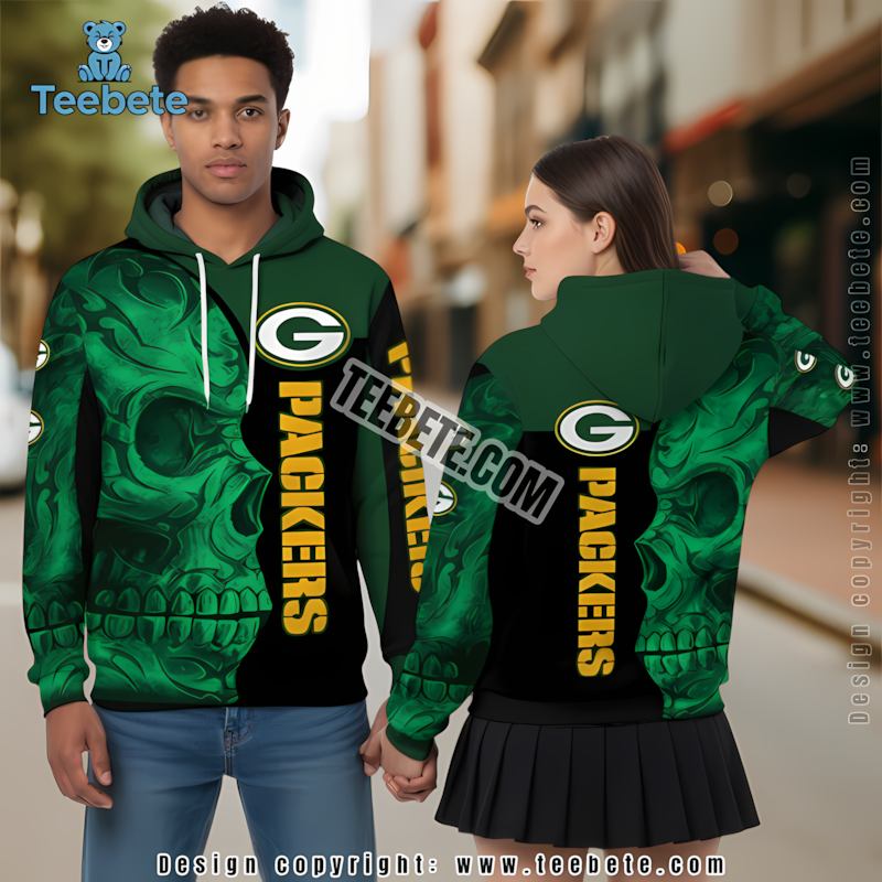 Green Bay Packers Skull 3D Hoodie Black Mens
