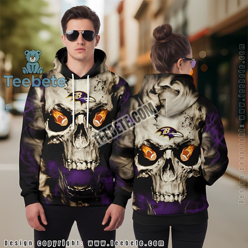 Baltimore Ravens Skull Halloween 3D Hoodie Mens Purple Grey