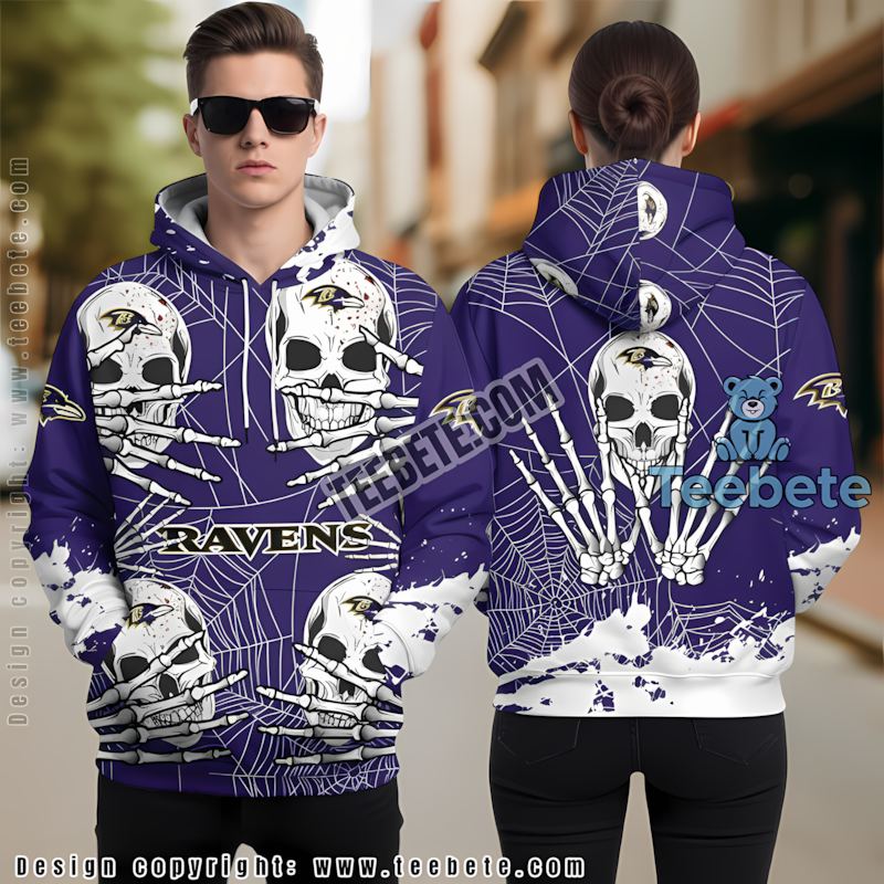 Baltimore Ravens Skull Halloween 3D Hoodie Mens White Blue