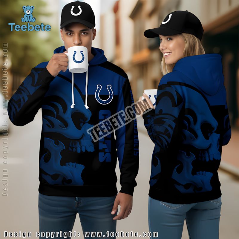 Indianapolis Colts Skull Halloween 3D Zip Up Hoodie Blue Black