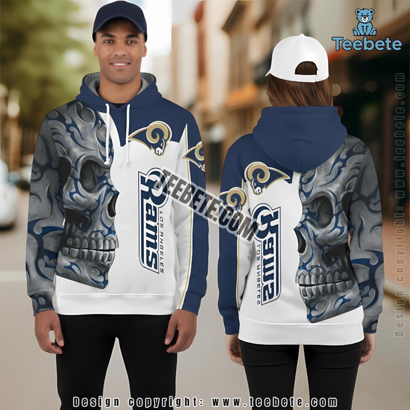 Skull Los Angeles Rams 3D Hoodie White Blue Youth
