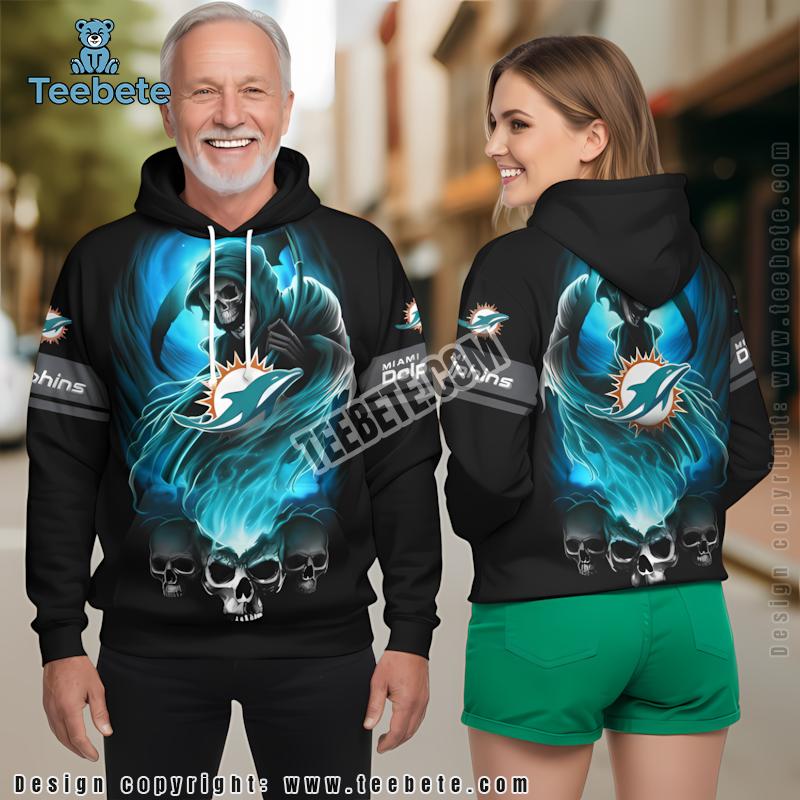 Miami Dolphins Skull Halloween 3D Hoodie Blue Black Mens