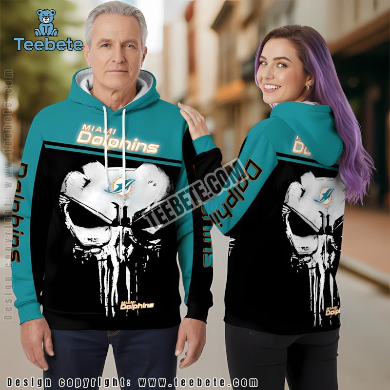 Miami Dolphins Skull Pullover 3D Hoodie Blue Black Mens