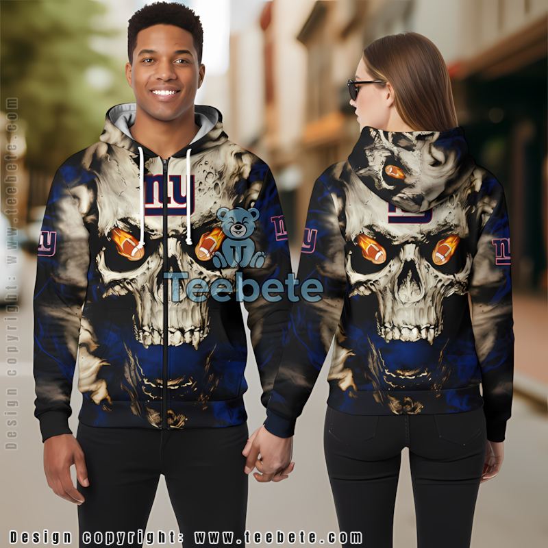New York Giants Skull Spread Wings 3D Hoodie Black Blue Mens