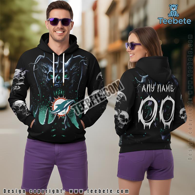 Miami Dolphins Skull Wings Spread 3D Hoodie Blue Black Mens