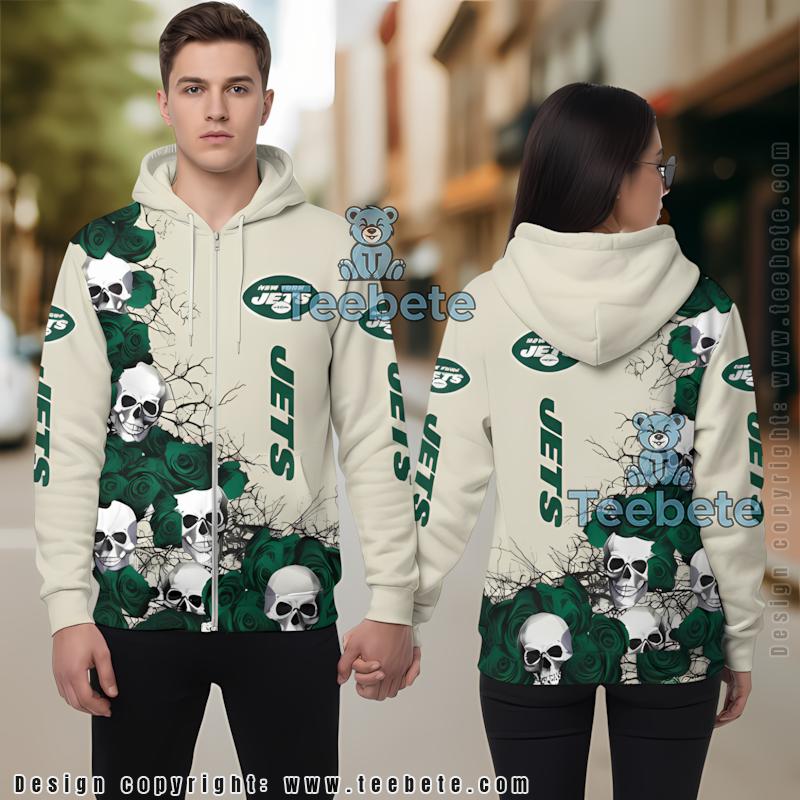 New York Jets Skull Rose Halloween 3D Hoodie White Green Pullover