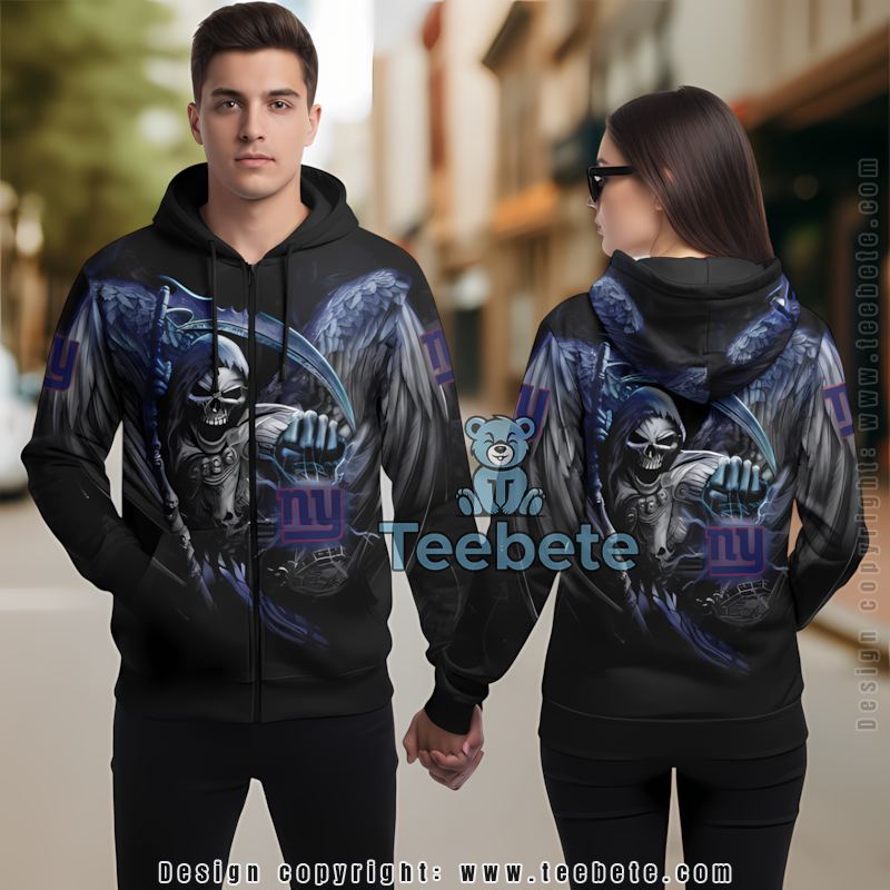 New York Giants Skull Spread Wings 3D Hoodie Black Blue Mens
