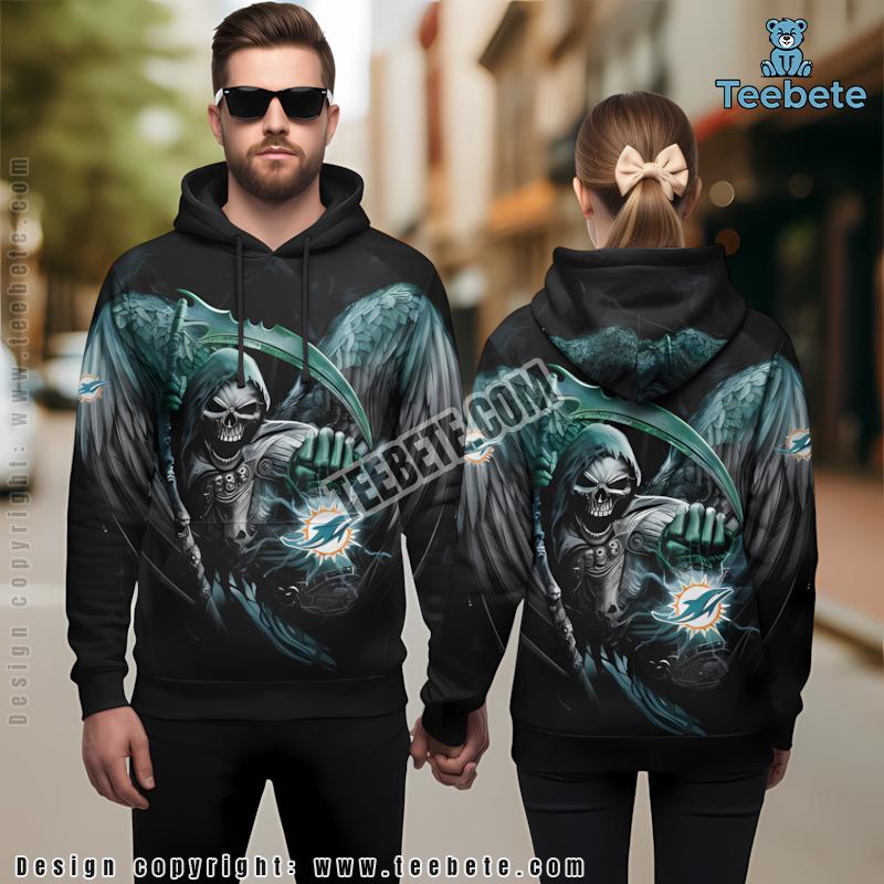 Miami Dolphins Skull Wings Spread 3D Hoodie Blue Black Mens