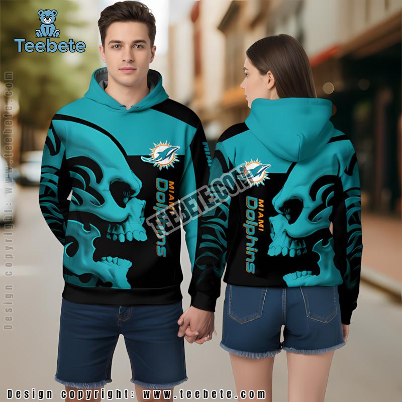 Miami Dolphins Skull Wings Spread 3D Hoodie Blue Black Mens
