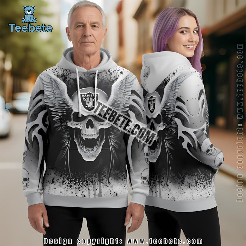 Las Vegas Raiders Skull Unleash 3D Hoodie Grey White Mens Graphic