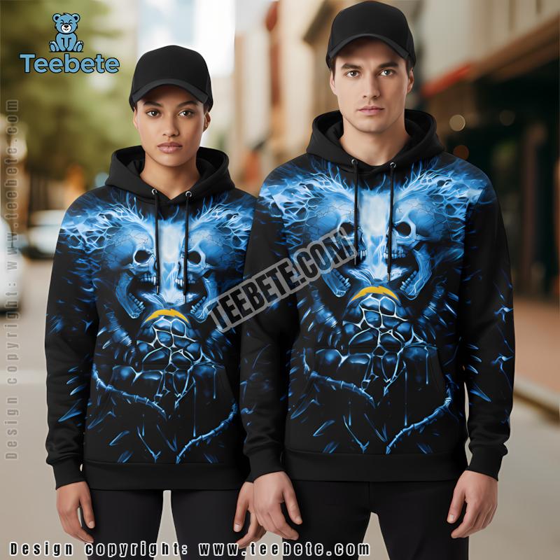 Los Angeles Chargers Skull Unleash 3D Hoodie Black Blue For Sale