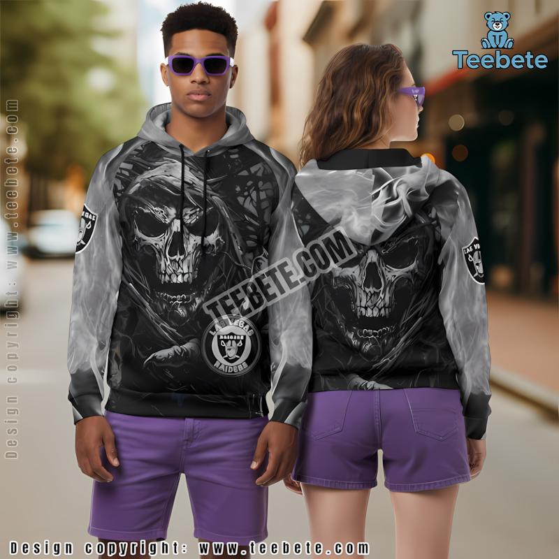 Las Vegas Raiders Skull Unleash 3D Hoodie Grey White Mens Graphic