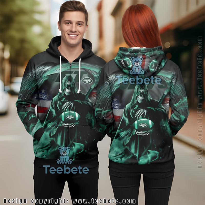 New York Jets Skull Uprising 3D Hoodie Green Black Mens Graphic