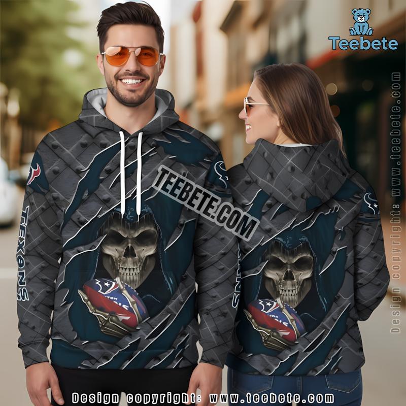 Skull Wings Houston Texans 3D Hoodie Puff Print Grey