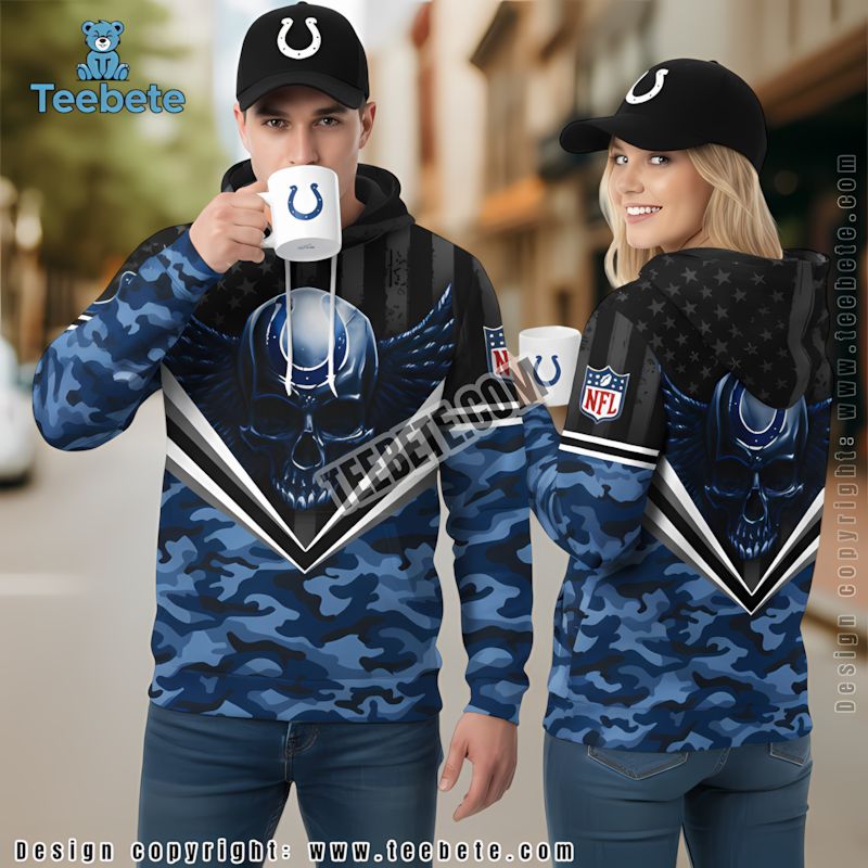 Indianapolis Colts Skull Wings 3D Hoodie Blue Black Mens Graphic