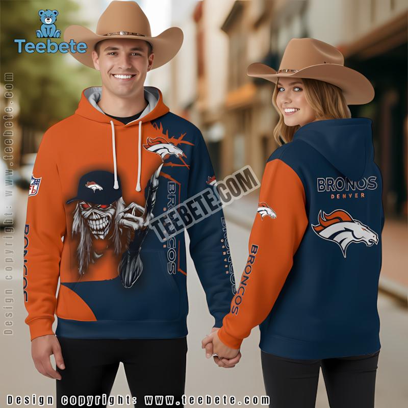 Denver Broncos Spooky Skull 3D Hoodie Blue Orange Full Print